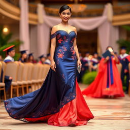 An elegant dress inspired by the cultural elements of the Dominican Republic, perfect for an international graduation ceremony
