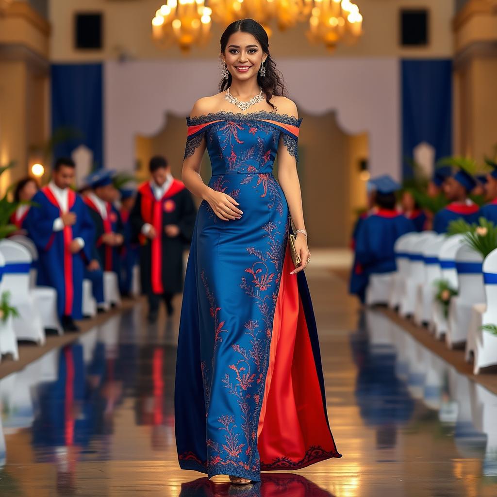 An elegant dress inspired by the cultural elements of the Dominican Republic, perfect for an international graduation ceremony