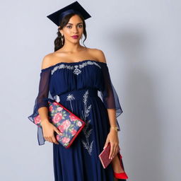 An elegant graduation dress that seamlessly blends modern sophistication with subtle influences from the Dominican Republic