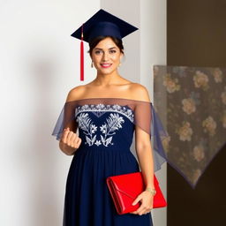 An elegant graduation dress that seamlessly blends modern sophistication with subtle influences from the Dominican Republic