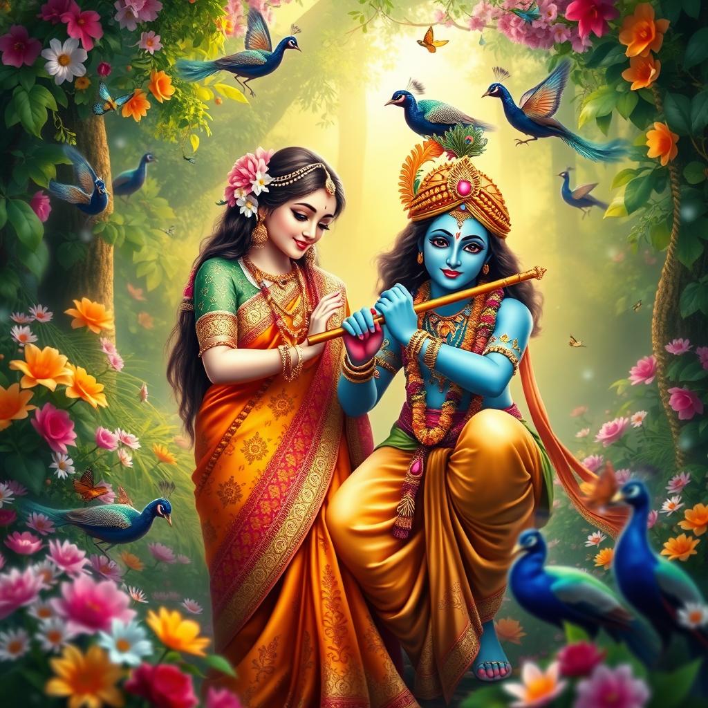 An enchanting scene of Radha and Krishna in a vibrant, lush forest, surrounded by colorful flowers and soft, shimmering lights