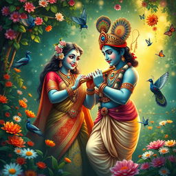 An enchanting scene of Radha and Krishna in a vibrant, lush forest, surrounded by colorful flowers and soft, shimmering lights