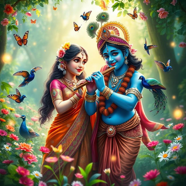 An enchanting scene of Radha and Krishna in a vibrant, lush forest, surrounded by colorful flowers and soft, shimmering lights