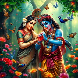 An enchanting scene of Radha and Krishna in a vibrant, lush forest, surrounded by colorful flowers and soft, shimmering lights