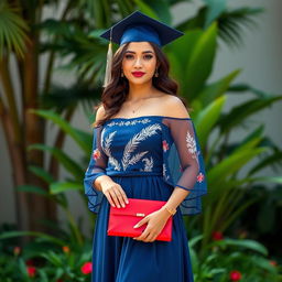 An elegant graduation dress that combines modern sophistication with subtle Dominican Republic influences