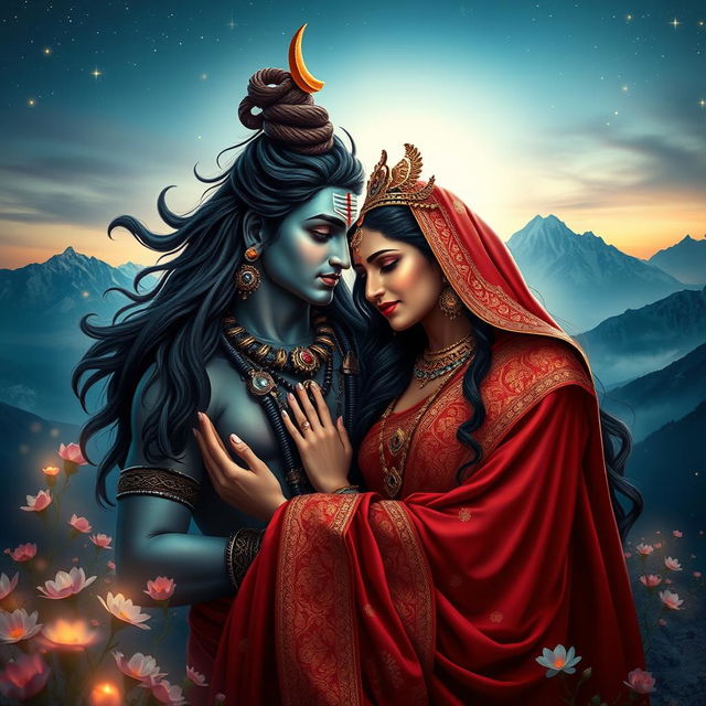 A breathtaking artistic representation of Shiva and Sati in a divine setting