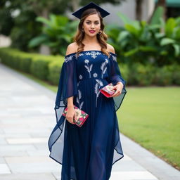 An elegant graduation dress that beautifully combines modern sophistication with subtle influences from the Dominican Republic