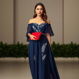 An elegant graduation dress that beautifully combines modern sophistication with subtle influences from the Dominican Republic