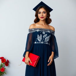 An elegant graduation dress that beautifully combines modern sophistication with subtle influences from the Dominican Republic