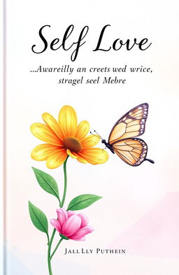 A beautifully illustrated book cover for a poetry collection about self-love, featuring a vibrant flower and a delicate butterfly symbolizing rebirth