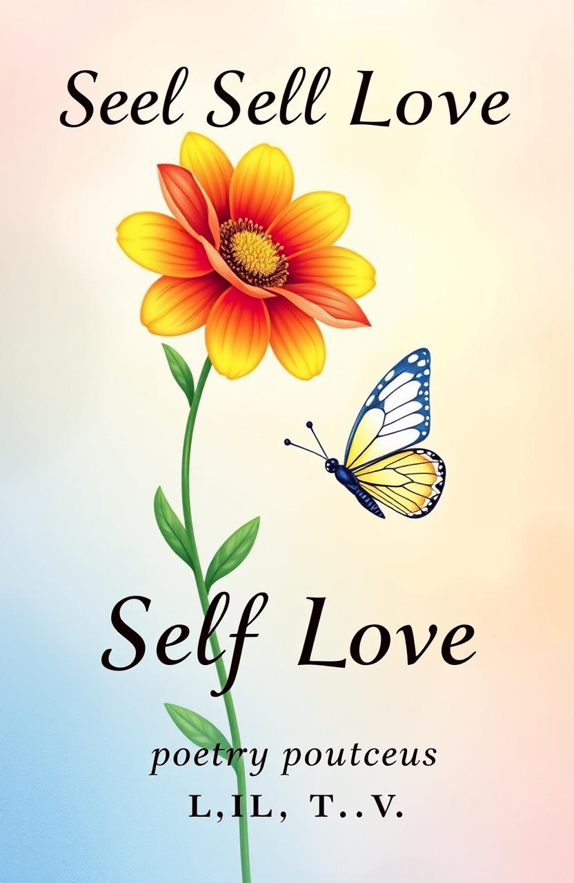 A beautifully illustrated book cover for a poetry collection about self-love, featuring a vibrant flower and a delicate butterfly symbolizing rebirth