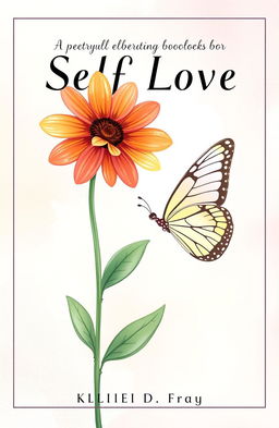 A beautifully illustrated book cover for a poetry collection about self-love, featuring a vibrant flower and a delicate butterfly symbolizing rebirth