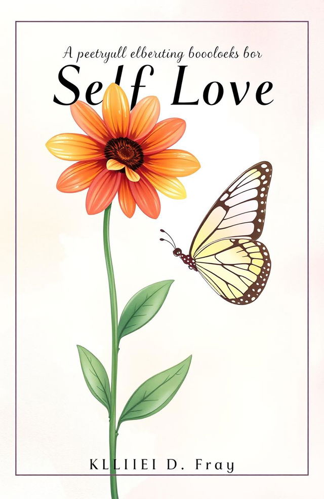 A beautifully illustrated book cover for a poetry collection about self-love, featuring a vibrant flower and a delicate butterfly symbolizing rebirth