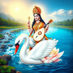 An artistic representation of Saraswati, the Hindu goddess of knowledge, music, art, wisdom, and learning, alongside Brahma, the creator god