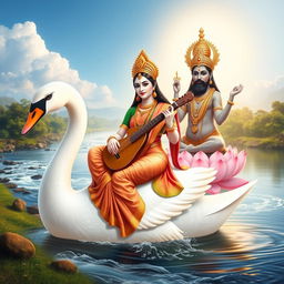 An artistic representation of Saraswati, the Hindu goddess of knowledge, music, art, wisdom, and learning, alongside Brahma, the creator god