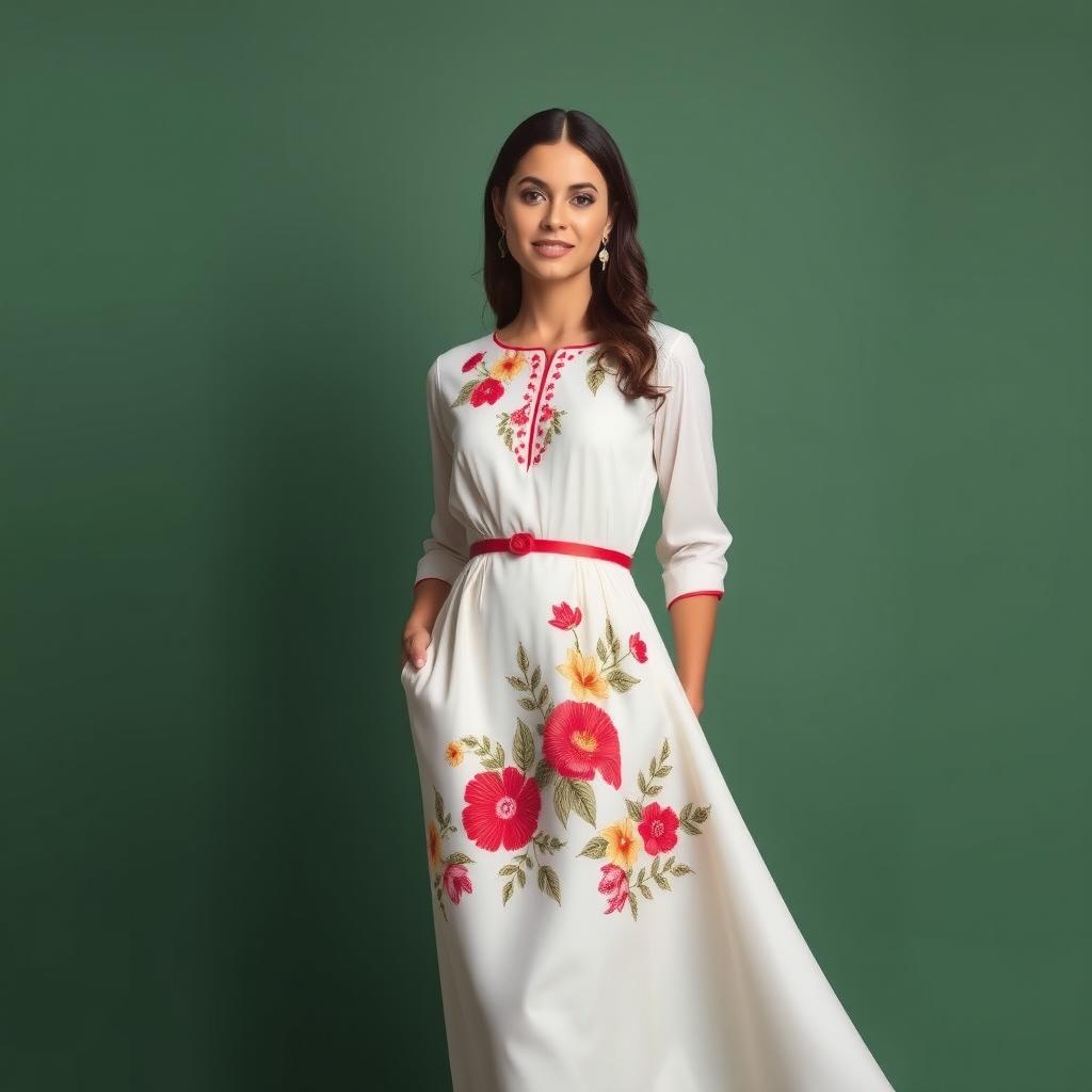 Este elegante vestido a la rodilla de corte A con mangas 3/4 es una hermosa celebración de la cultura dominicana, combinando modernidad con tradición