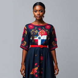 Este elegante vestido a la rodilla de corte A con mangas 3/4 es una hermosa celebración de la cultura dominicana, combinando modernidad con tradición