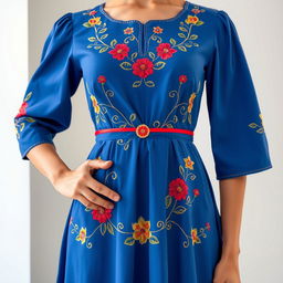 Este elegante vestido a la rodilla de corte A con mangas 3/4 es una hermosa celebración de la cultura dominicana, combinando modernidad con tradición