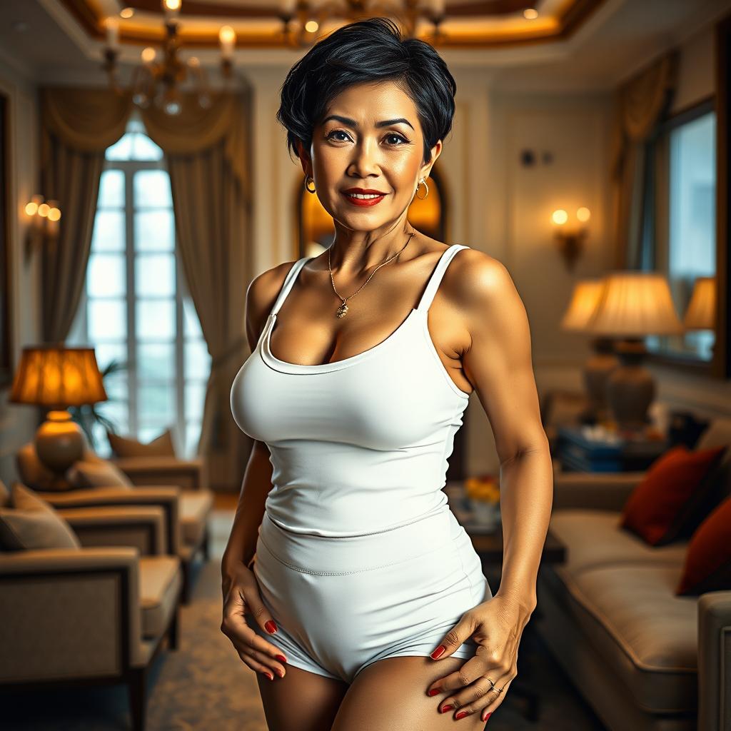 A Thai housemaid, 50 years old, with short hair and alluring eyes, featuring a voluptuous figure