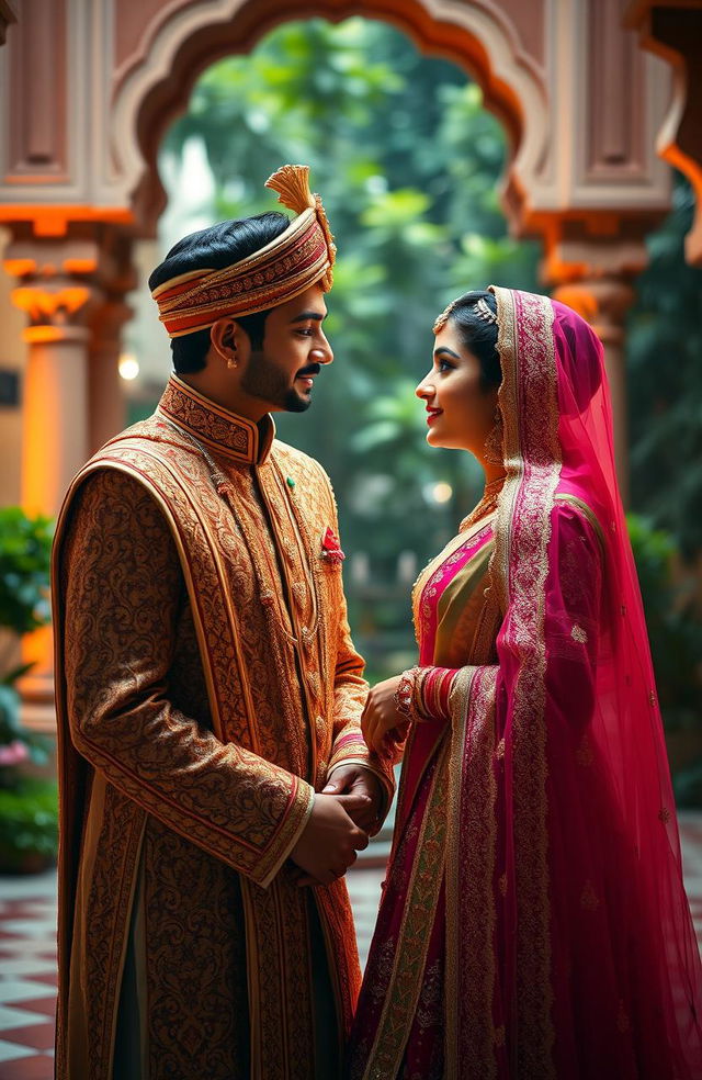 An Indian prince and princess dressed in exquisite traditional attire, surrounded by an opulent palace setting