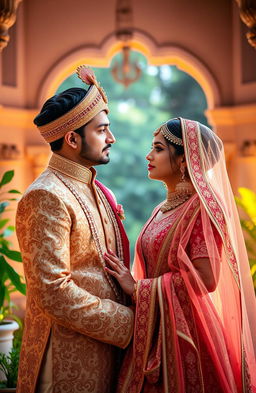 An Indian prince and princess dressed in exquisite traditional attire, surrounded by an opulent palace setting