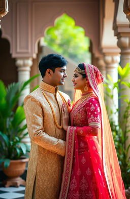 An Indian prince and princess dressed in exquisite traditional attire, surrounded by an opulent palace setting