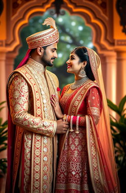 An Indian prince and princess dressed in exquisite traditional attire, surrounded by an opulent palace setting