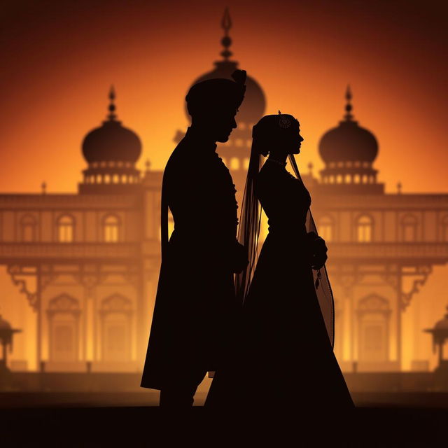 A silhouette of an Indian prince and princess, elegantly posed against the backdrop of an opulent palace