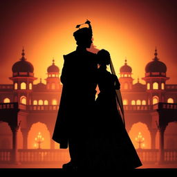 A silhouette of an Indian prince and princess, elegantly posed against the backdrop of an opulent palace