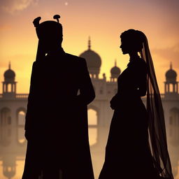 A silhouette of an Indian prince and princess, elegantly posed against the backdrop of an opulent palace