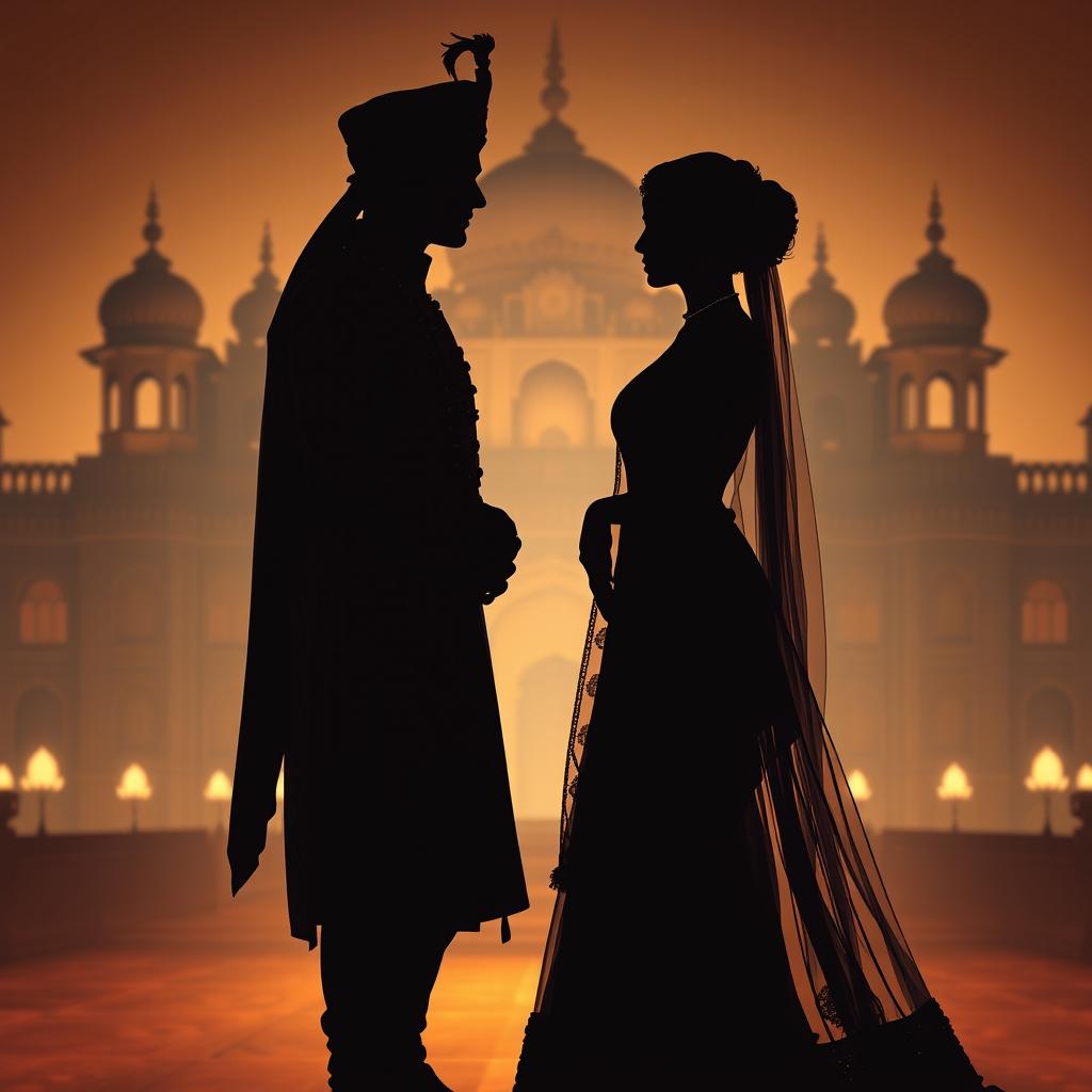 A silhouette of an Indian prince and princess, elegantly posed against the backdrop of an opulent palace