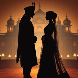 A silhouette of an Indian prince and princess, elegantly posed against the backdrop of an opulent palace