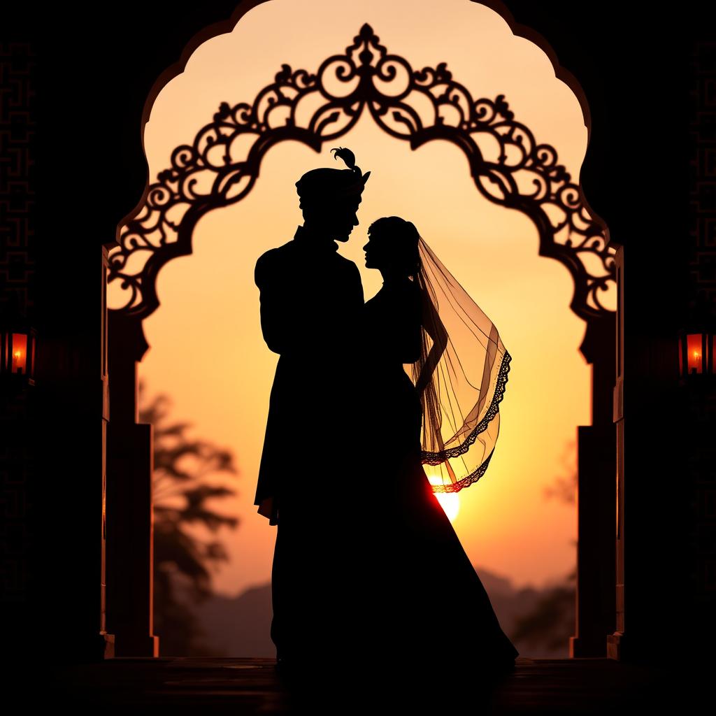 A silhouette of an Indian prince and princess embodying a desi aesthetic, posed gracefully against a beautifully crafted archway