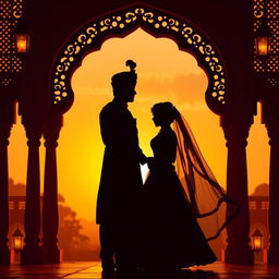 A silhouette of an Indian prince and princess embodying a desi aesthetic, posed gracefully against a beautifully crafted archway