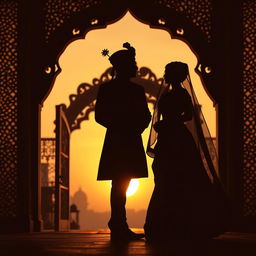 A silhouette of an Indian prince and princess embodying a desi aesthetic, posed gracefully against a beautifully crafted archway