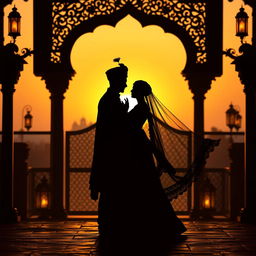 A silhouette of an Indian prince and princess embodying a desi aesthetic, posed gracefully against a beautifully crafted archway