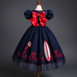 A knee-length dress with short voluminous sleeves, featuring a wide skirt made of layers of organza that creates a spectacular sense of movement