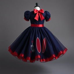 A knee-length dress with short voluminous sleeves, featuring a wide skirt made of layers of organza that creates a spectacular sense of movement