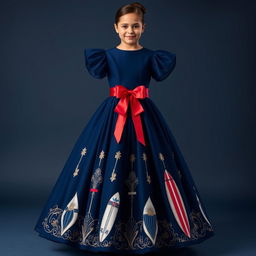 An elegant empire-cut dress in dark blue, featuring a wide organza skirt that beautifully merges modern elegance with Dominican cultural pride