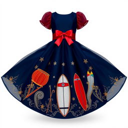 An elegant empire-cut dress in dark blue, featuring a wide organza skirt that beautifully merges modern elegance with Dominican cultural pride