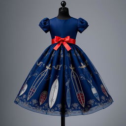 An elegant empire-cut dress in dark blue, featuring a wide organza skirt that beautifully merges modern elegance with Dominican cultural pride