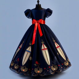An elegant empire-cut dress in dark blue, featuring a wide organza skirt that beautifully merges modern elegance with Dominican cultural pride