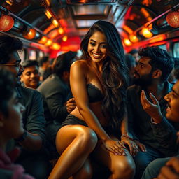 A sensual depiction of a beautiful Indian girl, resembling an attractive actress, on a crowded bus at night