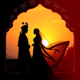 A striking silhouette of an Indian prince and princess, elegantly framed against a stunning sunset background