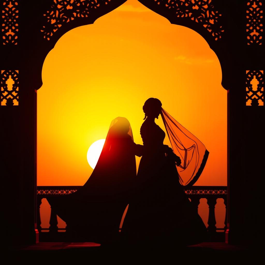 A striking silhouette of an Indian prince and princess, elegantly framed against a stunning sunset background