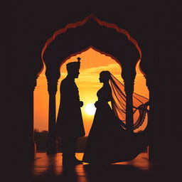 A striking silhouette of an Indian prince and princess, elegantly framed against a stunning sunset background