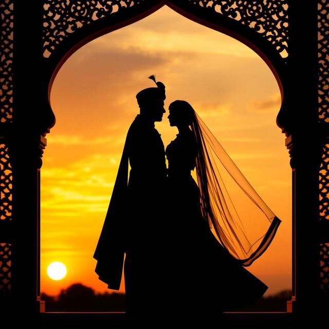 A striking silhouette of an Indian prince and princess, elegantly framed against a stunning sunset background