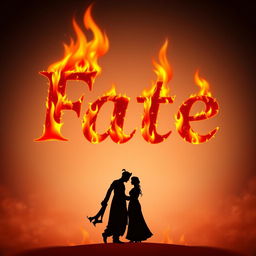 A striking silhouette illustration of the word 'Fate', designed to resemble text engulfed in flames