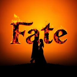 A striking silhouette illustration of the word 'Fate', designed to resemble text engulfed in flames