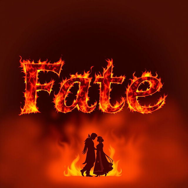 A striking silhouette illustration of the word 'Fate', designed to resemble text engulfed in flames